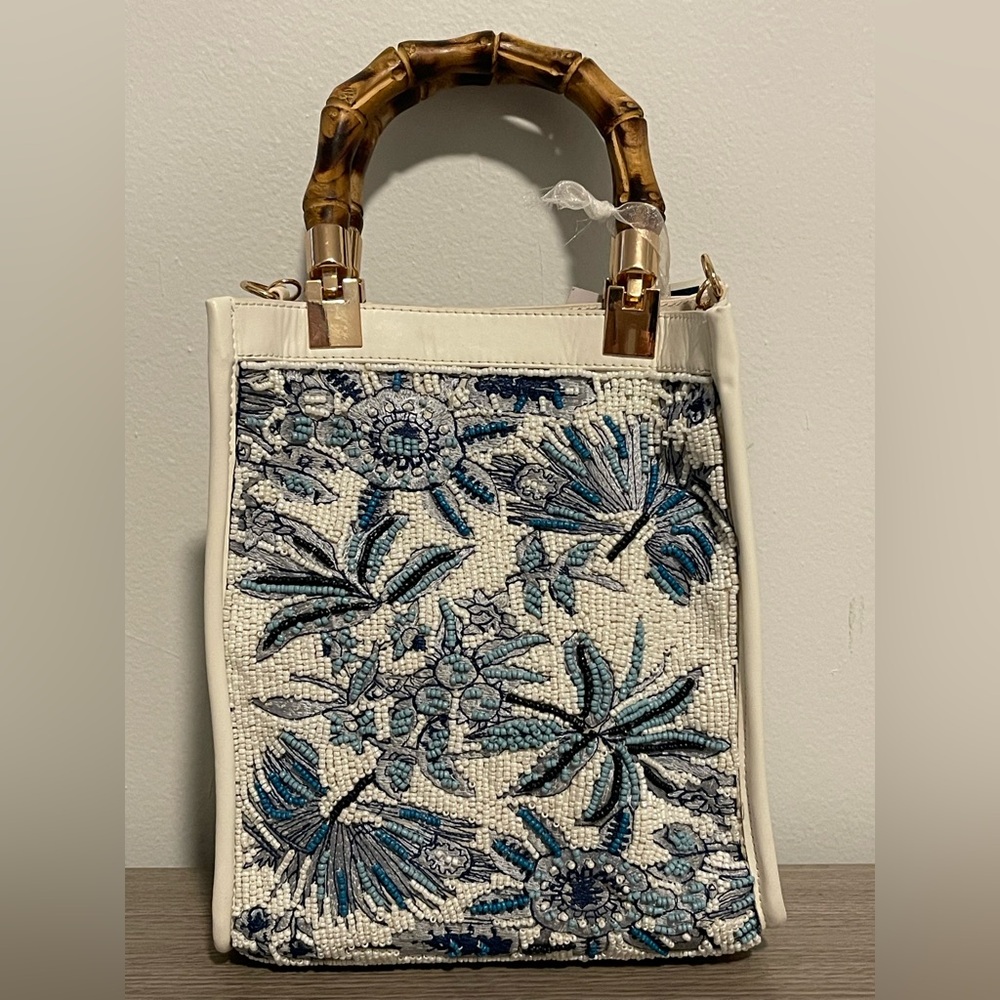 Viral Beaded Bag Ivory White with Blue Floral Heron Meadow Made in India